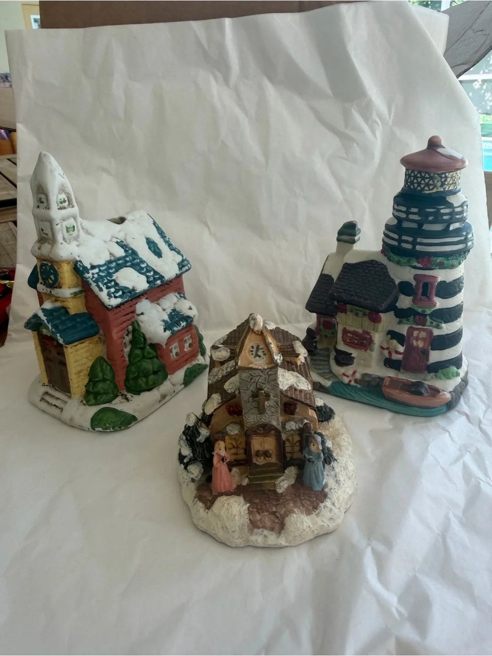 Set of 3 Vintage Christmas Village Houses – Church, Lighthouse & Cottage